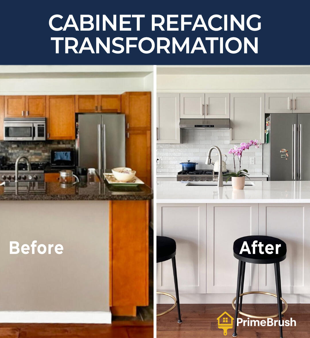 Before and after kitchen cabinet painting transformation by PrimeBrush